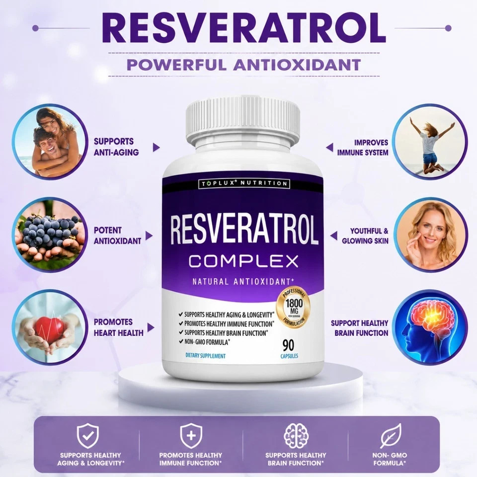 Resveratrol Complex 1800mg, Natural Antioxidant 90 Non-GMO Capsules