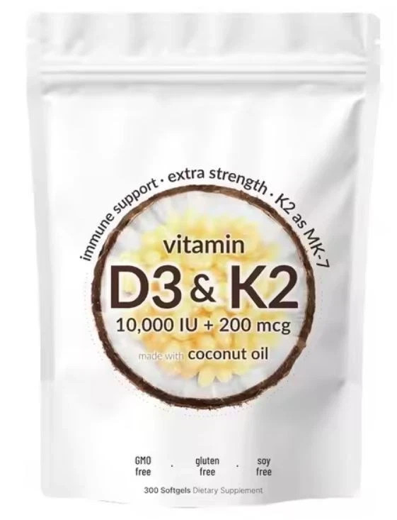 Vitamin D3 10000 iu Plus K2 MK-7 200 mcg Virgin Coconut Oil 180 Softgels 08/26+