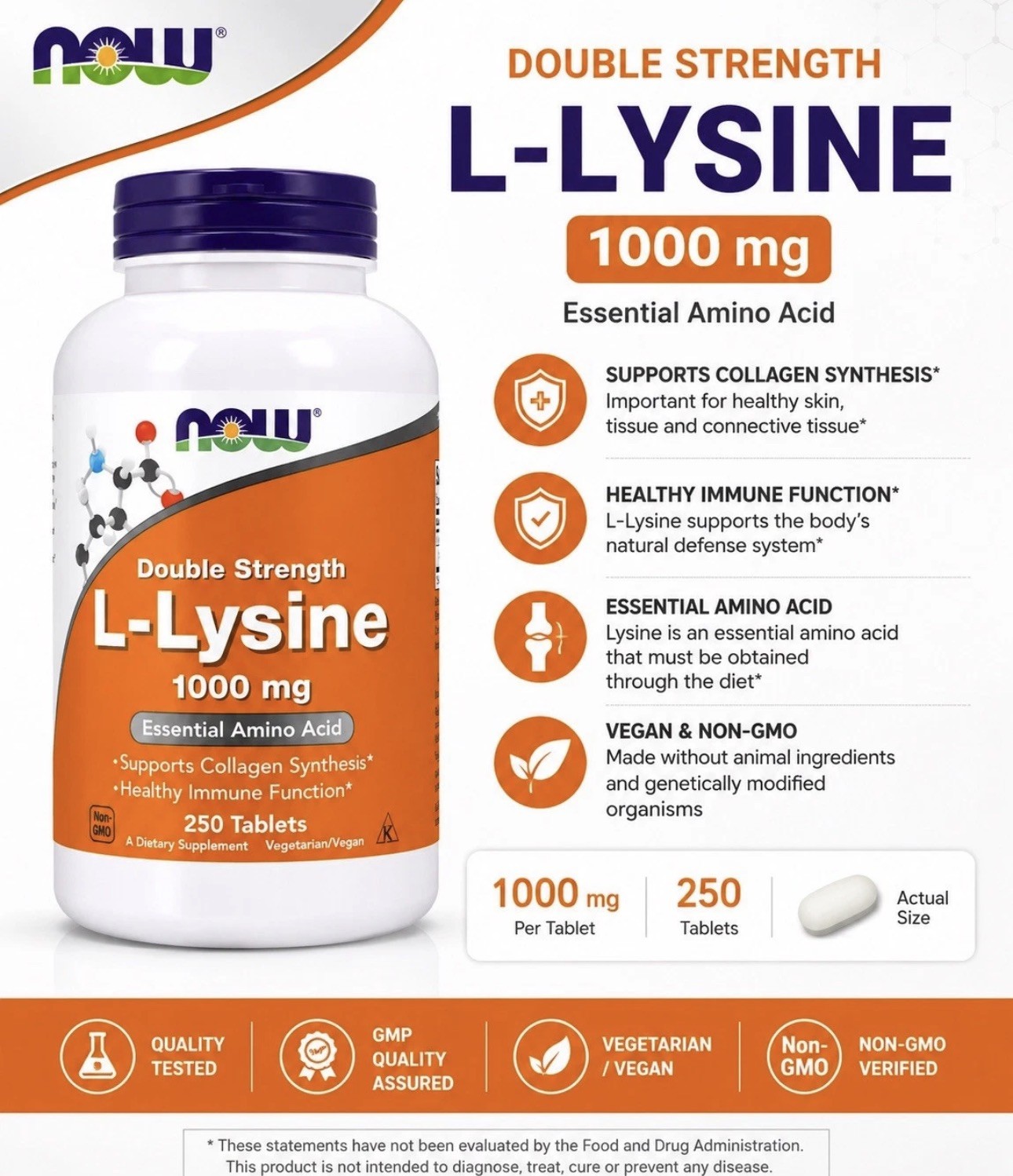NOW L-Lysine 1000 mg Double Strength 250 Tablets – Vegan Non-GMO