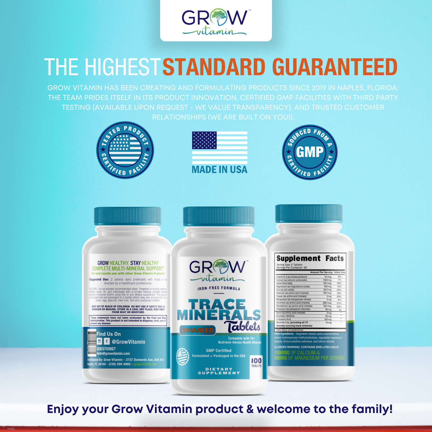Multi Mineral Supplement | 100 TABLETS | Iron Free | Non-GMO | by GROW VITAMIN