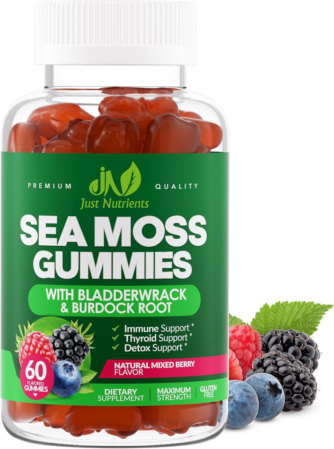 Just Nutrients Sea Moss Gummies 3000mg Vegan Mixed Berry 60 Count