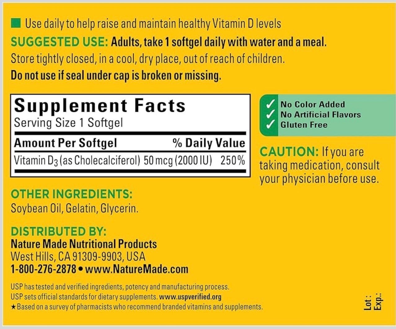 Nature Made D3 2000 IU 50mcg, Vitamin D Supplement 250 Softgels, EXP 02/2028