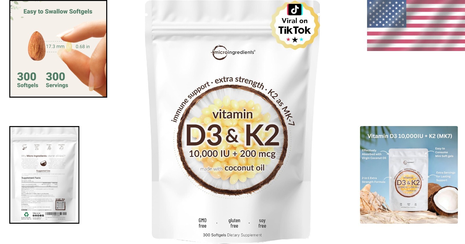 Easy-to-Swallow Coconut Oil Softgels: 2-in-1 D3 10,000 IU & K2 200 mcg Nutrition