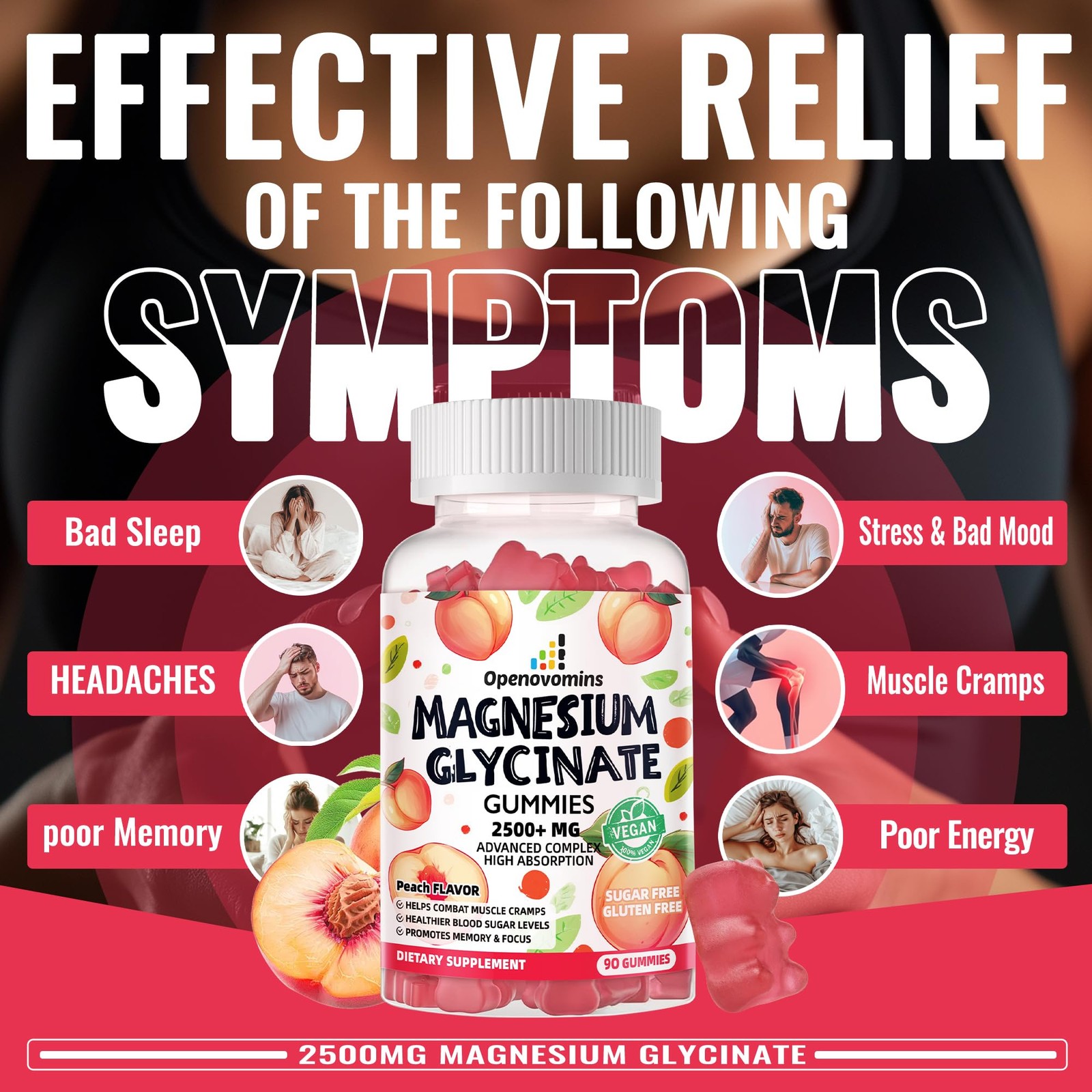 Magnesium Glycinate Gummies 2500mg – Sugar Free 90 Count (Pack of 1), Peach