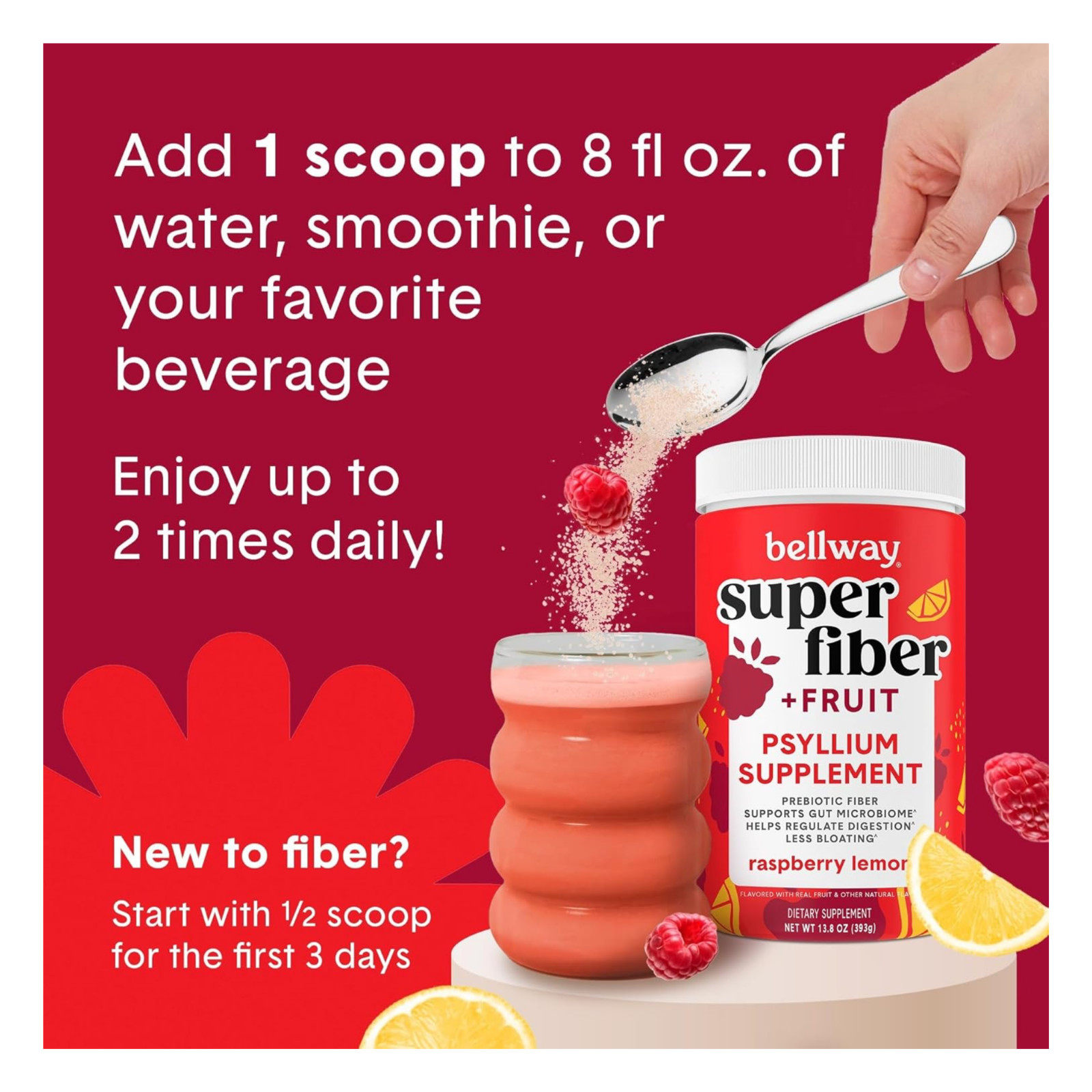Bellway Super Fiber Fruit, Psyllium Husk Fiber Supplement, Raspberry Lemon, 18oz