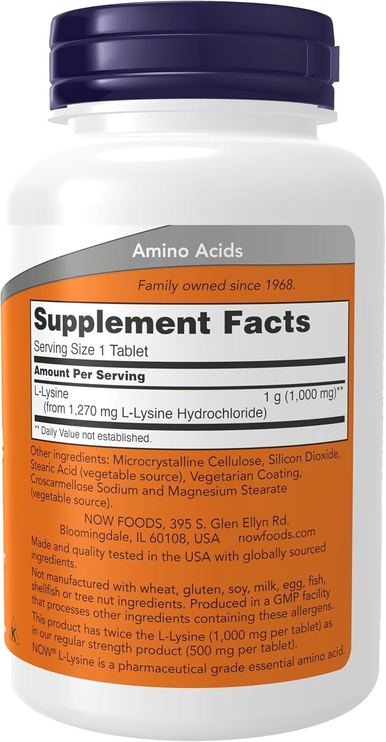 NOW FOODS L-Lysine, Double Strength 1000 mg – 100 Tablets