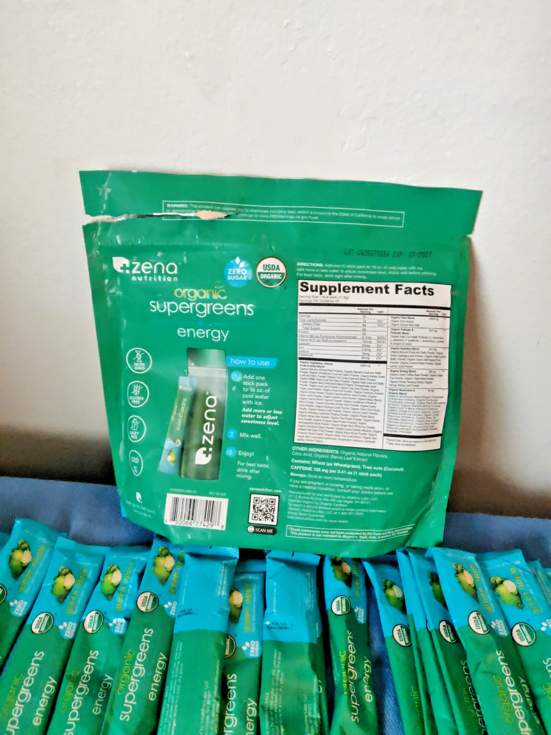 Zena Organic Supergreens Plus Energy Apple 45 Stick Exp: 7/2027 – Open Bag