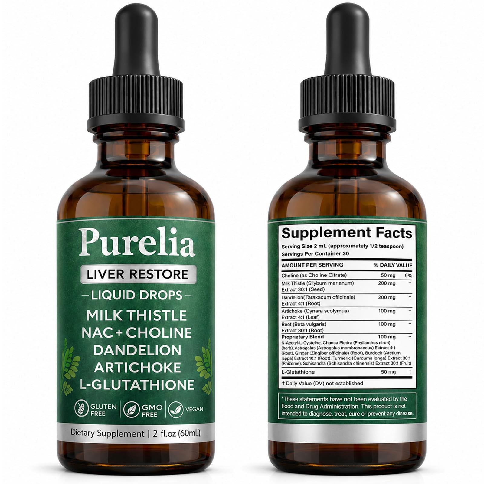 Purelia Liver Restore Drops, Complete Liver Support with Milk Thistle, 2 Fl Oz