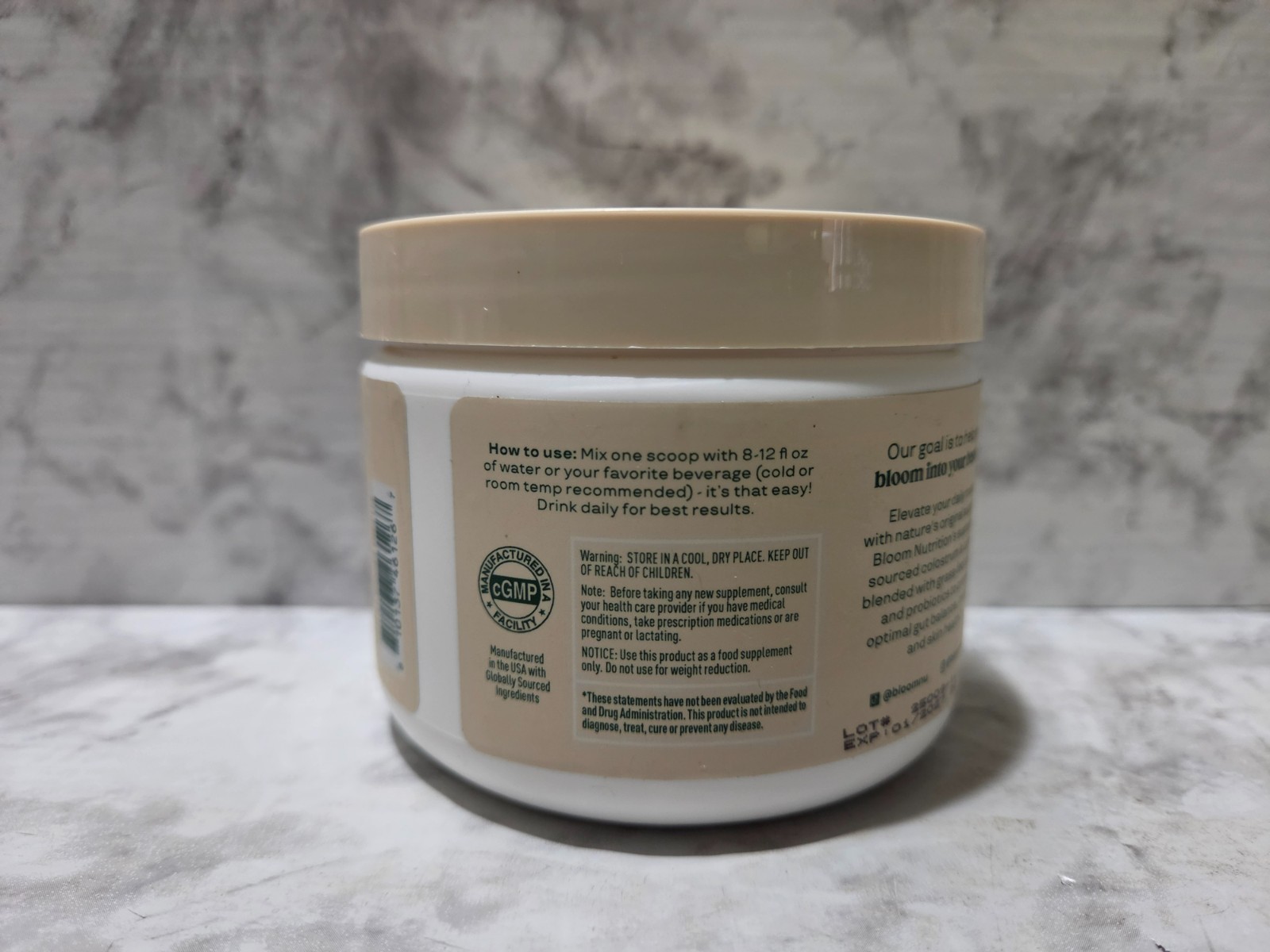 Bloom Colostrum & Collagen Peptides Unflavored 25 Servings 4.16 OZ 1/2027