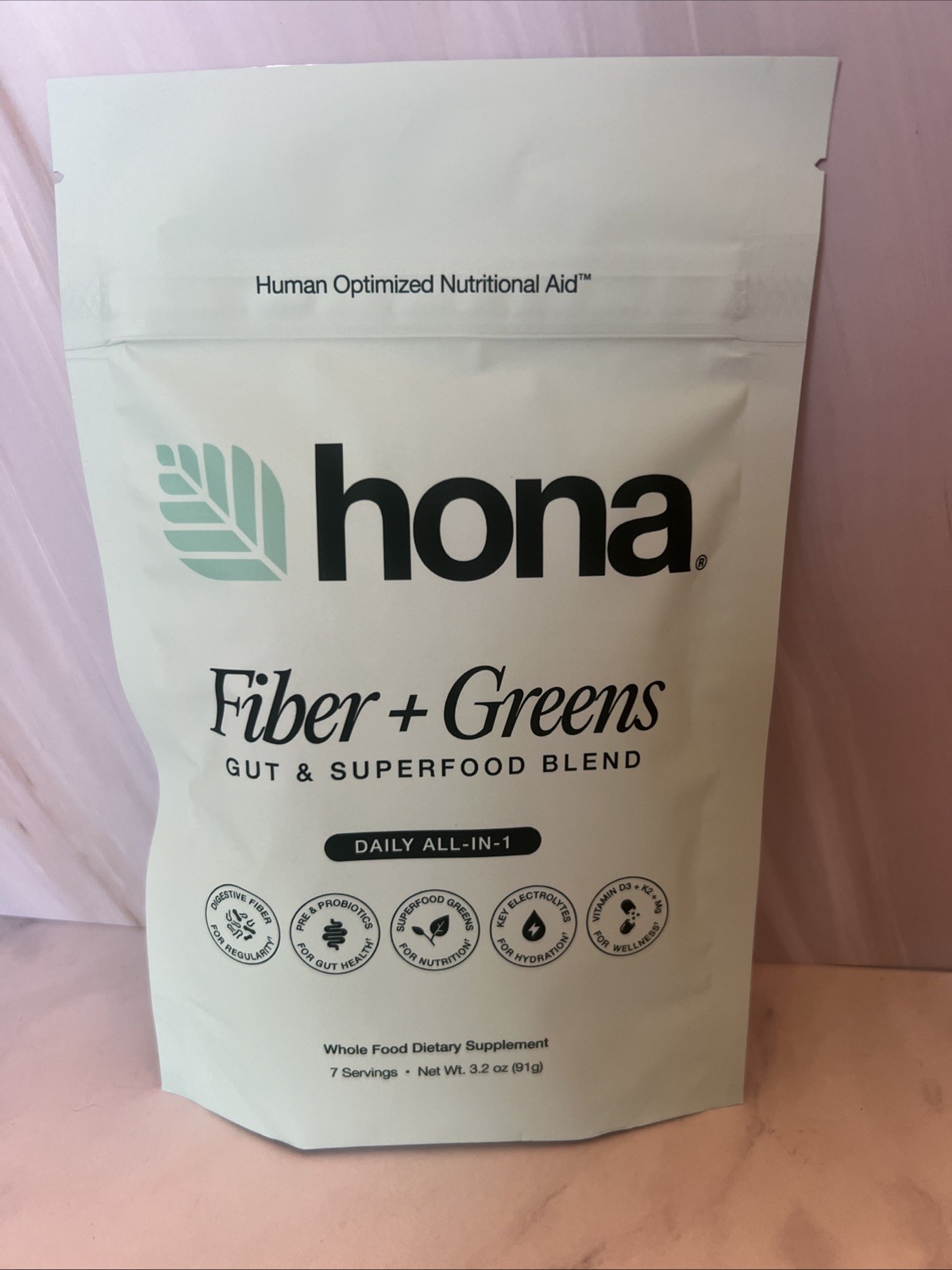 Hona Fiber + Greens Superfood Powder Probiotics Fiber 7 Servings 3.2 oz – New