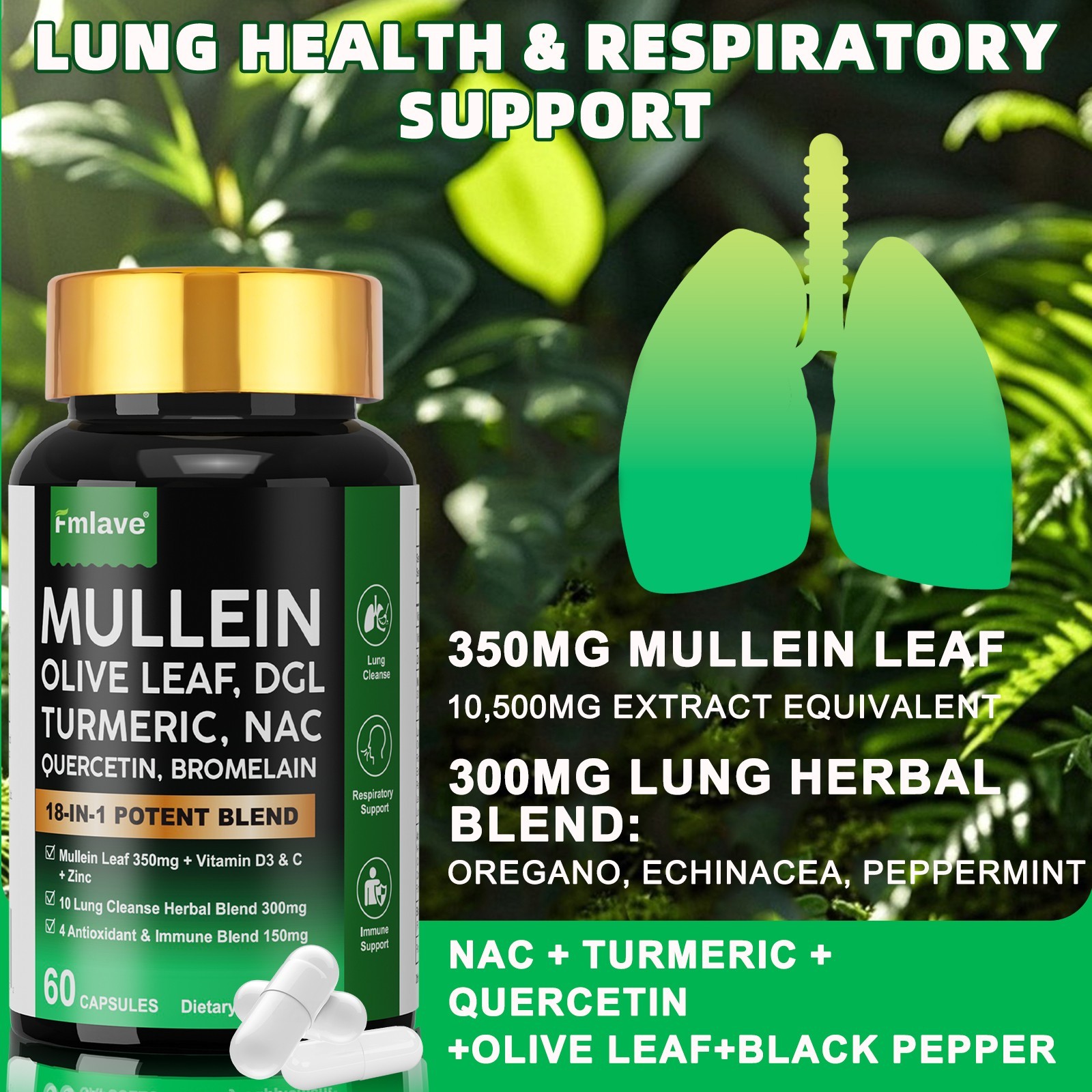Mullein Lung Detox – Turmeric Quercetin Bromelain NAC Respiratory & Lung Support