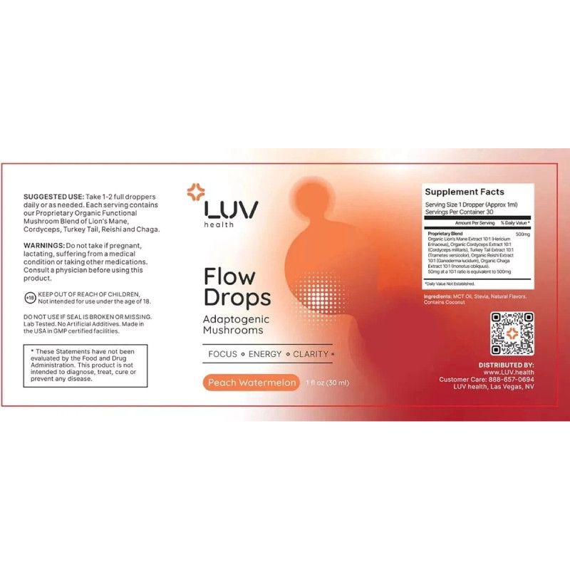 LUV Health Flow Drops – Adaptogen Mushroom Blend – – Watermelon Flavor Peach 1oz