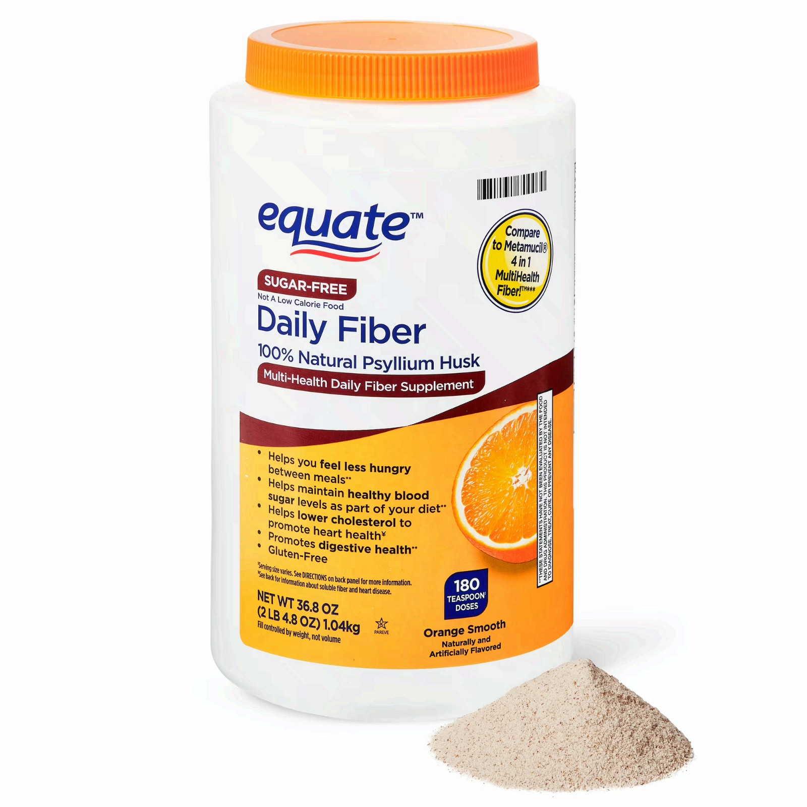 Equate Sugar-Free Daily Fiber Powder Orange Smooth, 36.8 oz x 2 pack