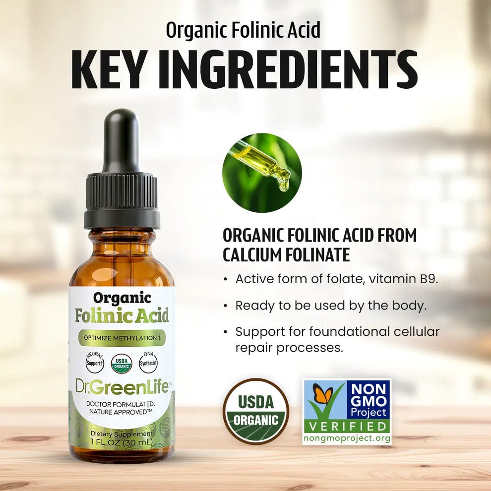 Dr GreenLife USDA Organic Folinic Acid – MTHFR-Friendly Folate 1 FL Oz / 30ml