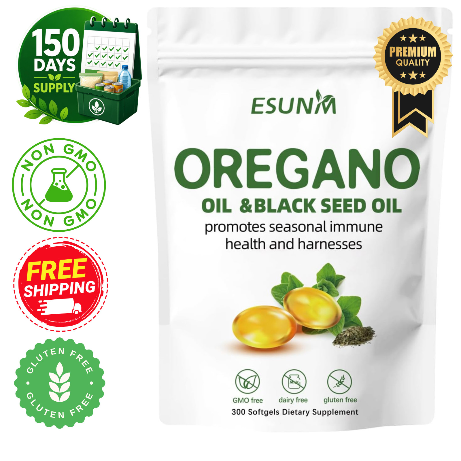 ESUNM Oil of Oregano Softgels 6000mg with Black Seed Oil 300 Capsules