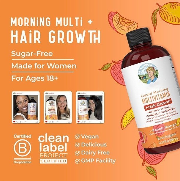 MARYRUTH’S Liquid Morning Multivitamin + Hair Growth, Peach Mango, 30oz. Ex.7/27
