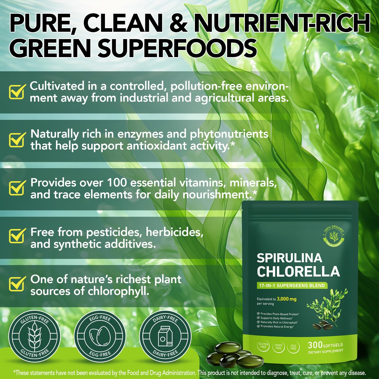 bnHUlMXw Organic Spirulina Chlorella Capsules,Non-GMO 300 Count (Pack of 1)
