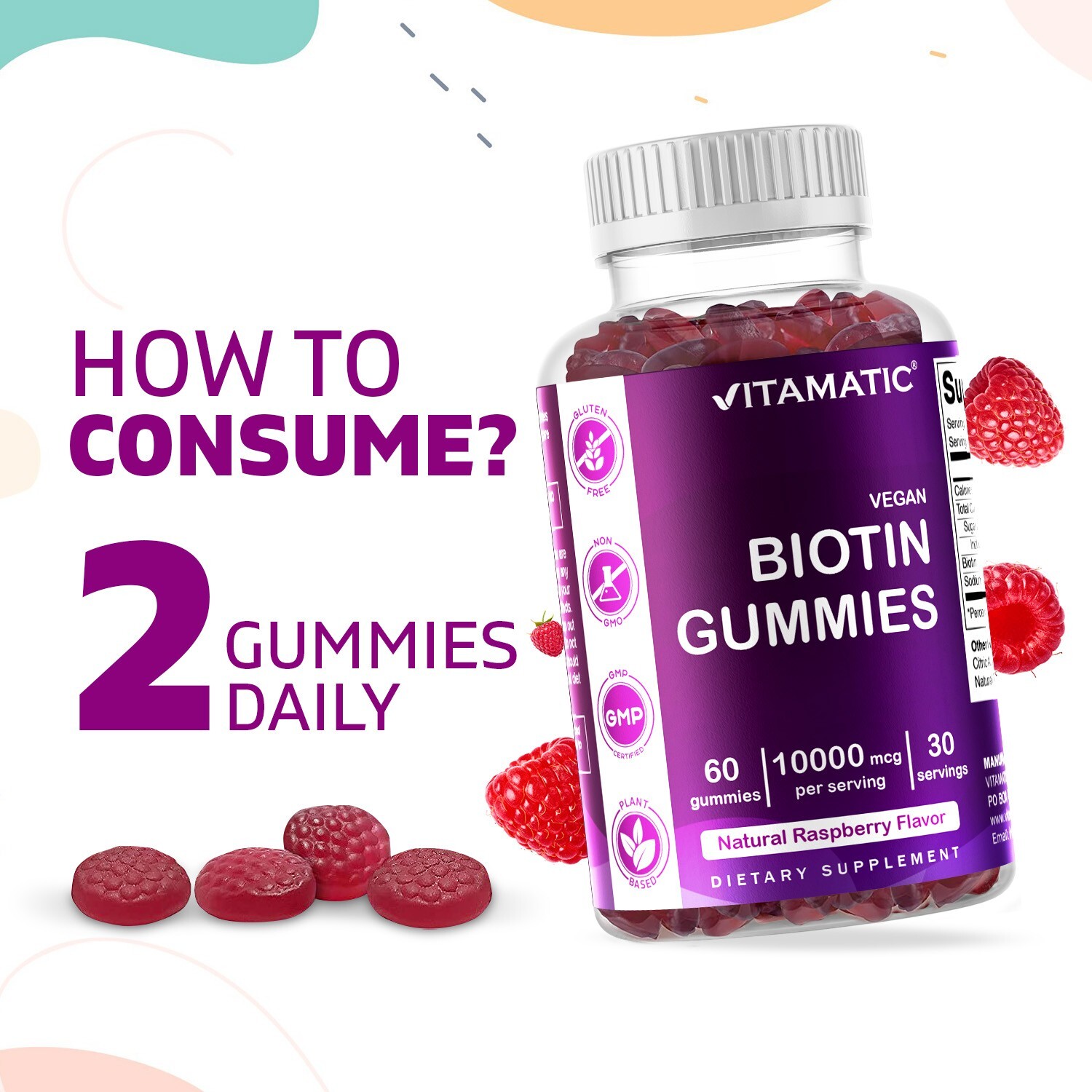 3 Pack Vitamatic Biotin Gummies 10000 mcg for Stronger Hair Skin Nails 60 Vegan