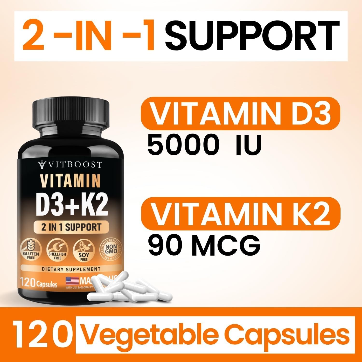 Vitamin D3 K2 Complex – Easy to Swallow – Vitamin D (D3) 5000 IU (125 mcg) & K2