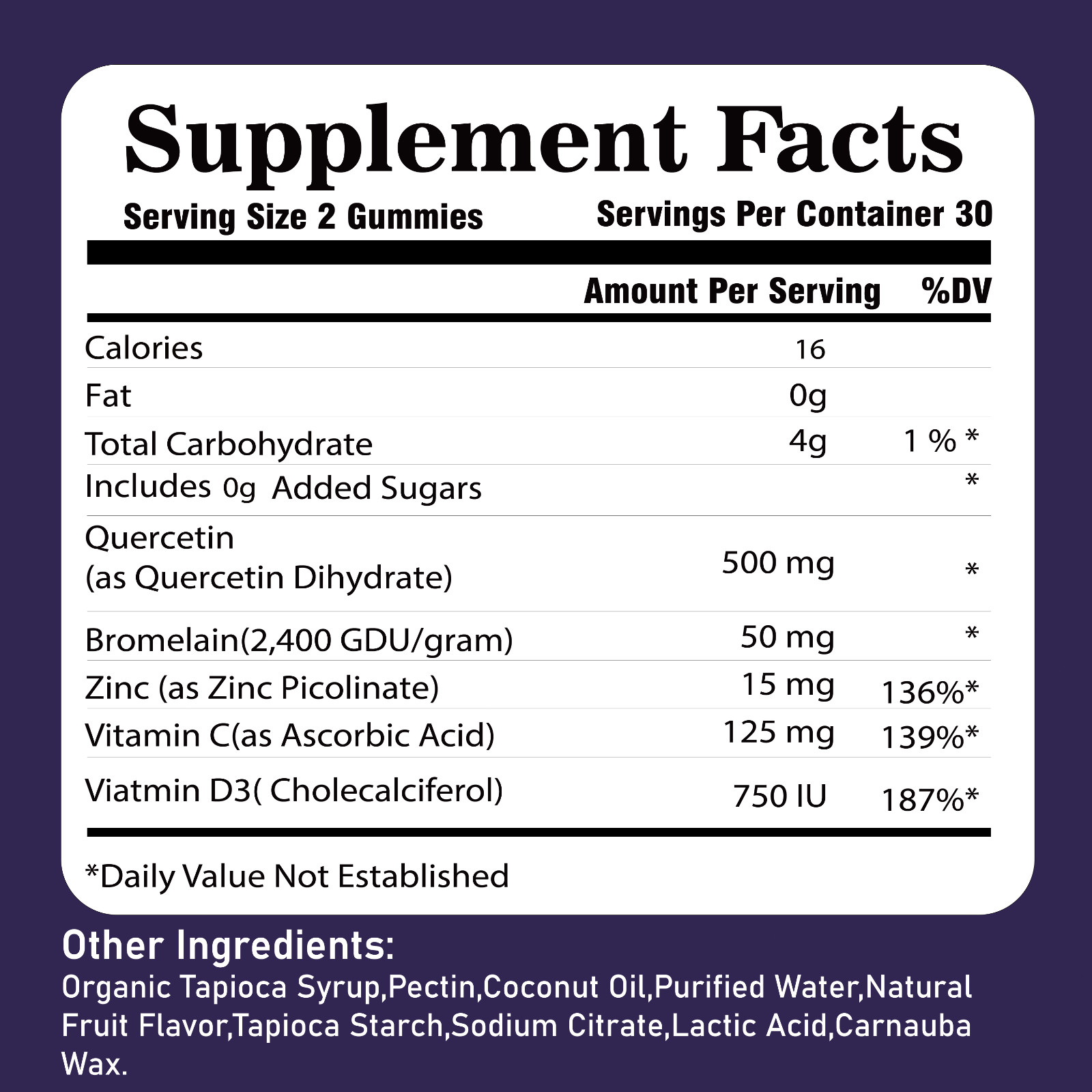 Quercetin Gummies 500mg with Bromelain Vitamin C D3 Zinc & Elderberry 02/07/2027