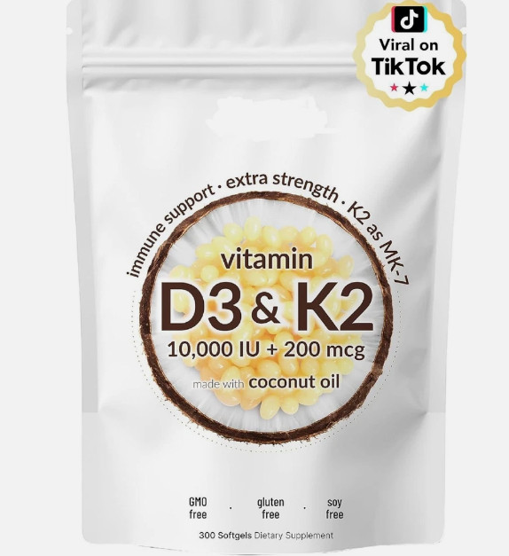Vitamin D3 10000 iu Plus K2 (MK-7) 200 mcg, 300 Virgin Coconut Oil Softgels