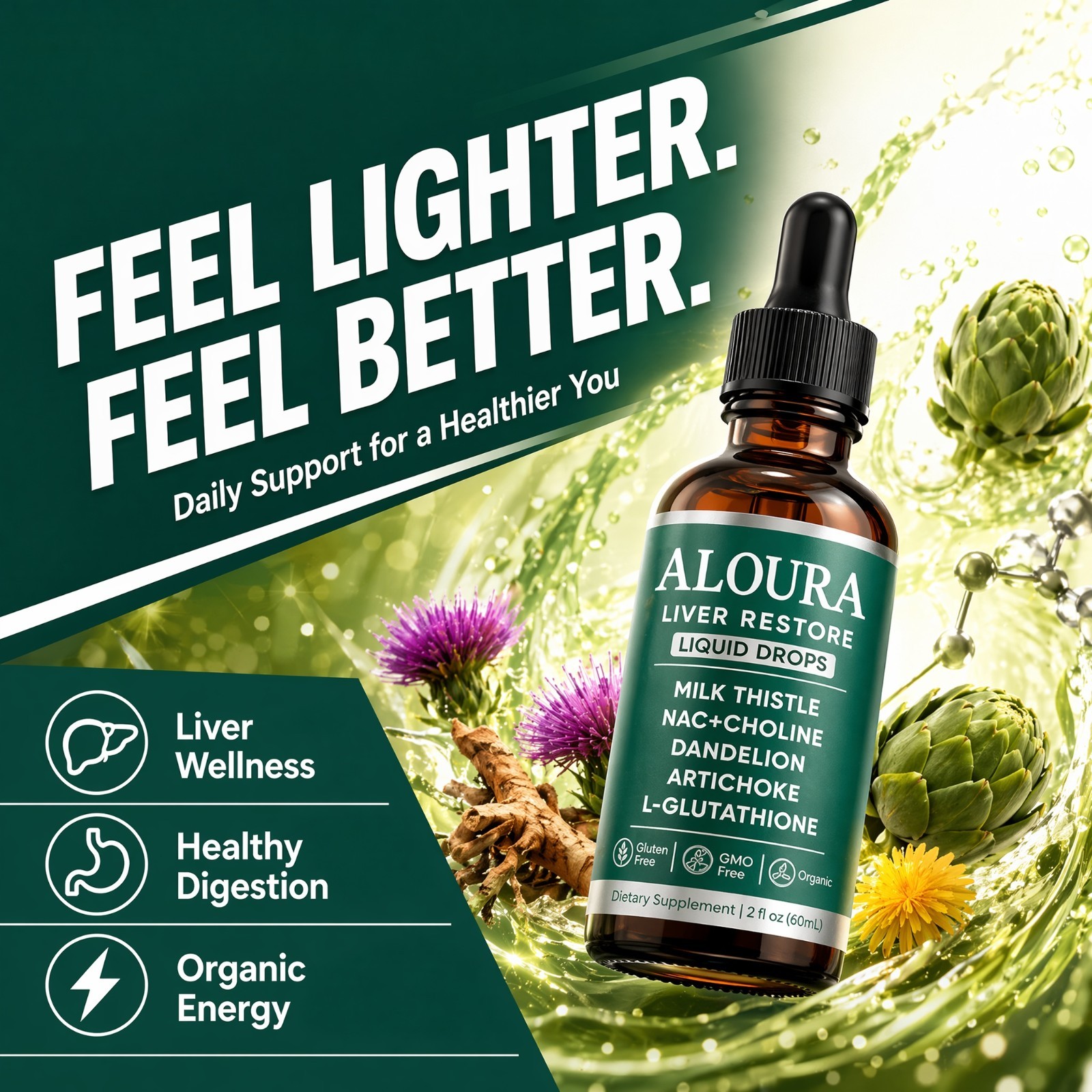 Aloura Liver Restore Liquid Drops Milk Thistle Dandelion Detox Support 60ml