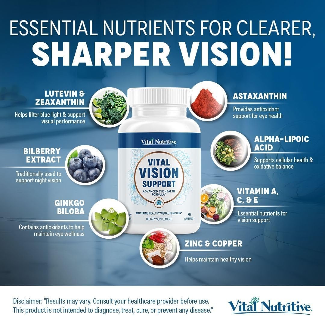 Vital Vision Eye Health Supplement 30 Days Vitamin A Lutein Antioxidants