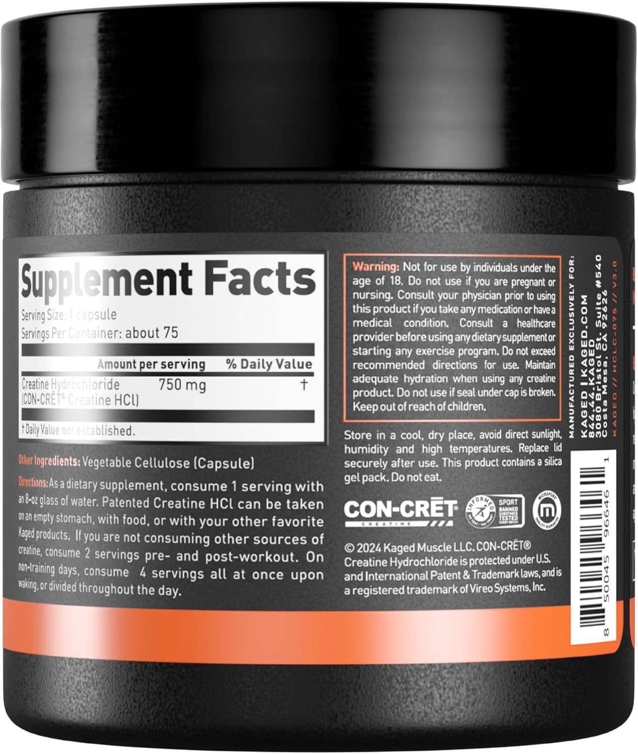 Kaged Creatine Hcl 750Mg Premium Soluble Nutritional Supplement 75 Capsules