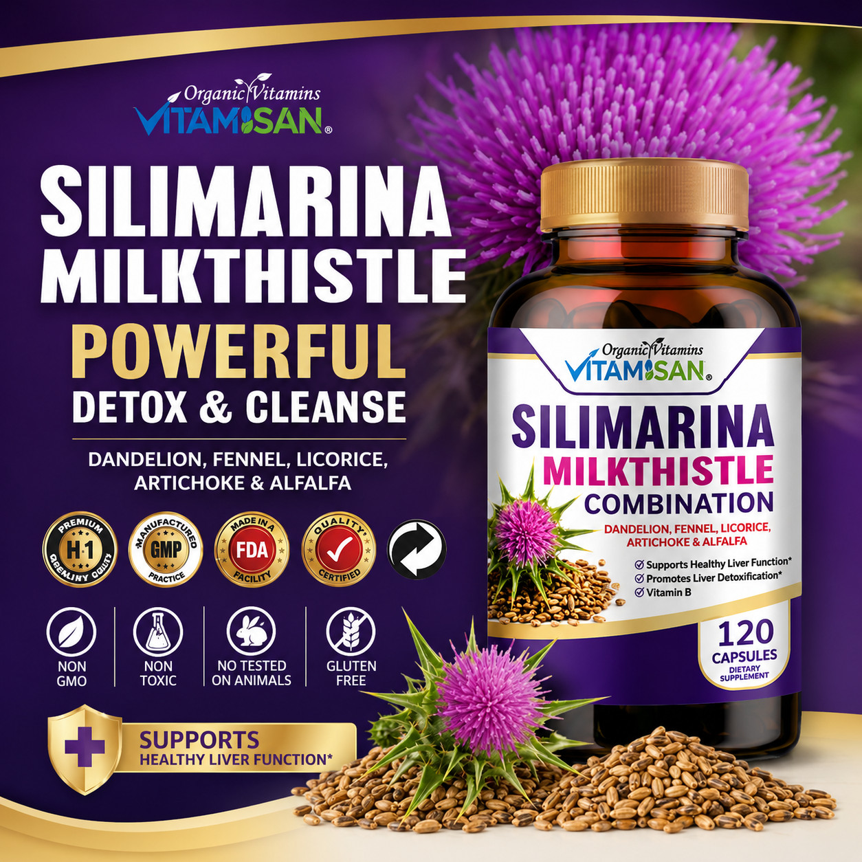 Organic Vitamins Milk Thistle Strenght 120 Caps Silymarin complex with B