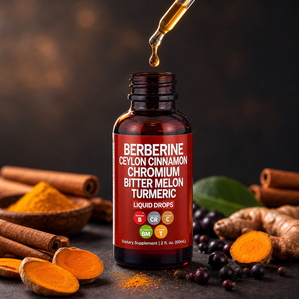 Gluco Gone Berberine Ceylon Cinnamon Chromium Turmeric Liquid Drops 60ml 2 oz