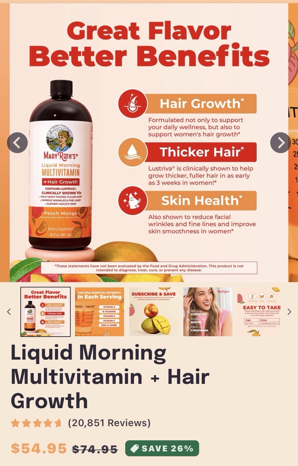 MaryRuth’s Liquid Multivitamin Hair Growth Women Peach Mango 15.22 fl oz