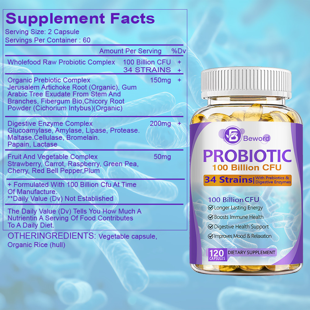 Probiotics Digestive Enzymes 100 Billion CFU Potency Immune Health 120 Capsules