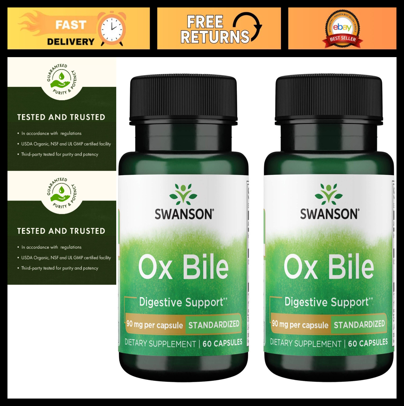 Ox Bile Supplement 90 mg – Digestive Health Support – 60 Capsules (2 Pack)