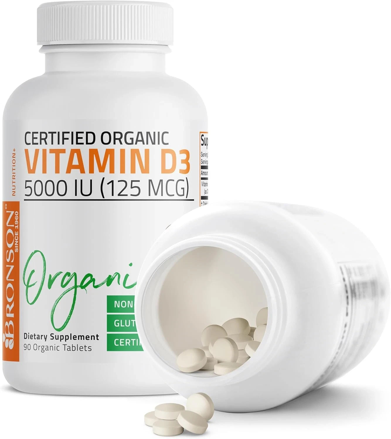 Bronson Vitamin D3 5000 IU Certified Organic Vitamin D Supplement 125mcg Tablets