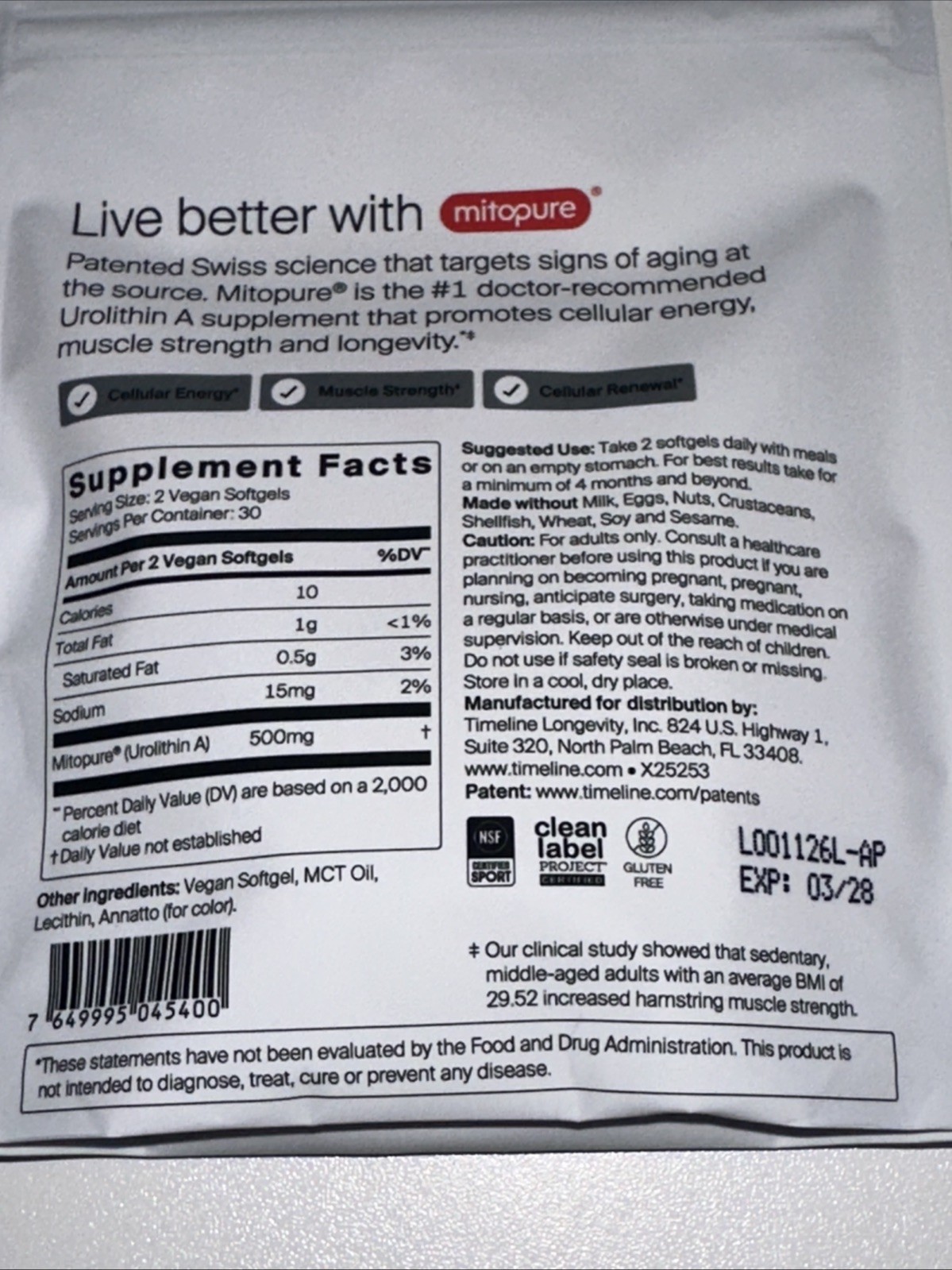 Time-Line Longevity Supplement Mitopure Urolithin A 60 Softgels Exp 03/2028 New