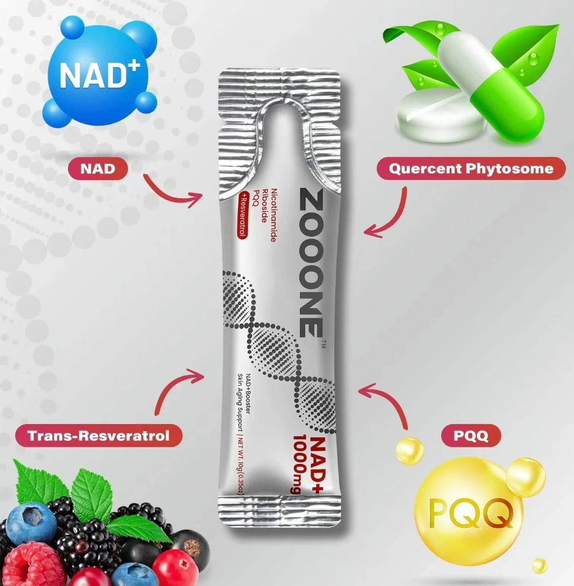 ZOOONE 1000mg NAD+ Berry Drink Mix 30 Pack Anti-Aging Energy Focus Support