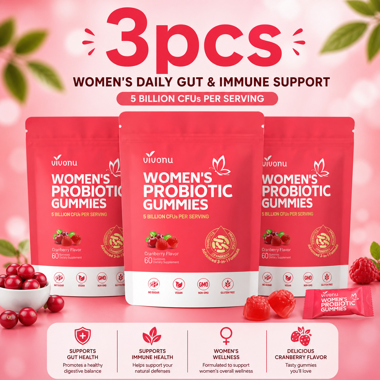VivoNu Cranberry Probiotic Gummies | Targeting Body Odor, Women’s Health- and Bo