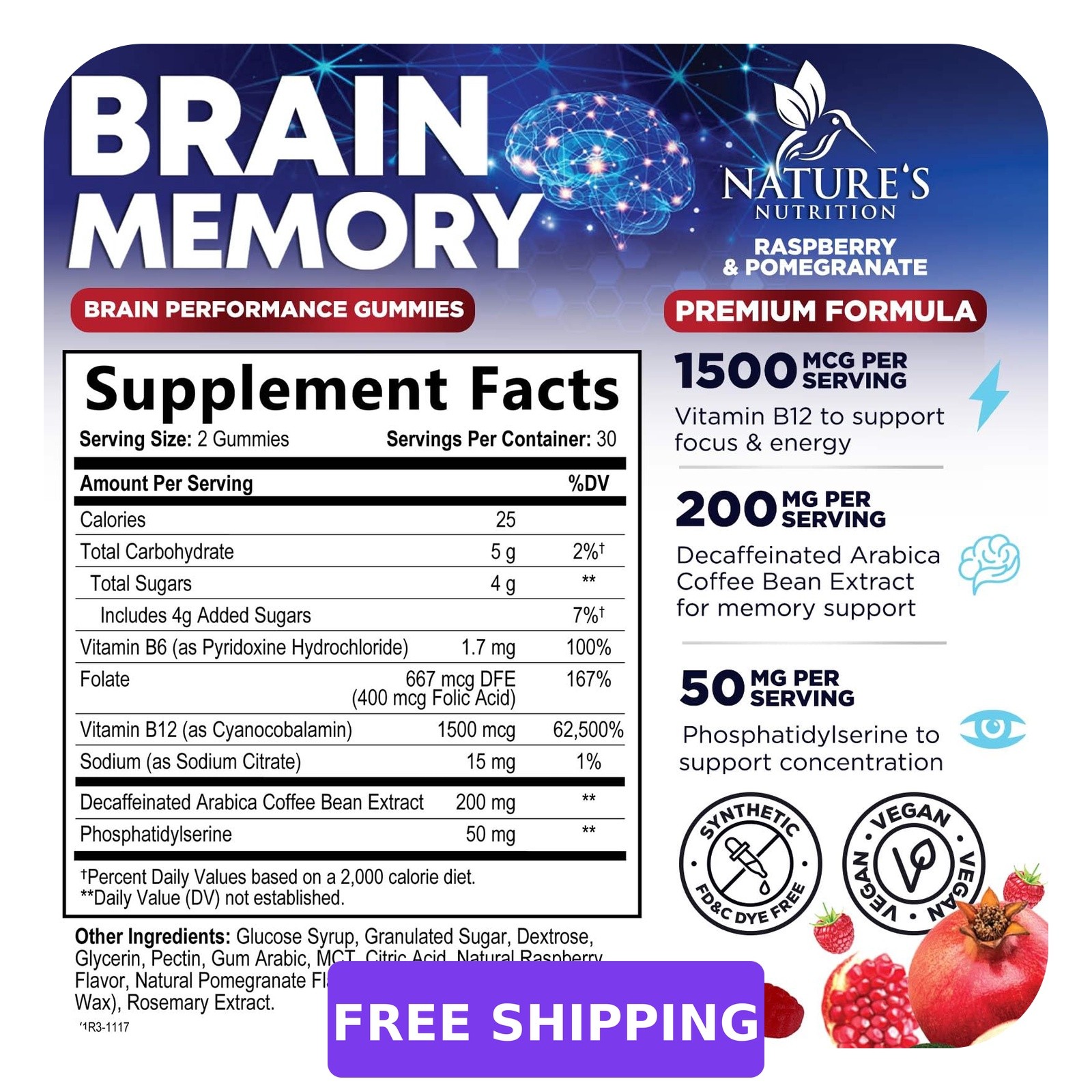Nature’s Nutrition Brain Gummies Memory Focus 60 Count