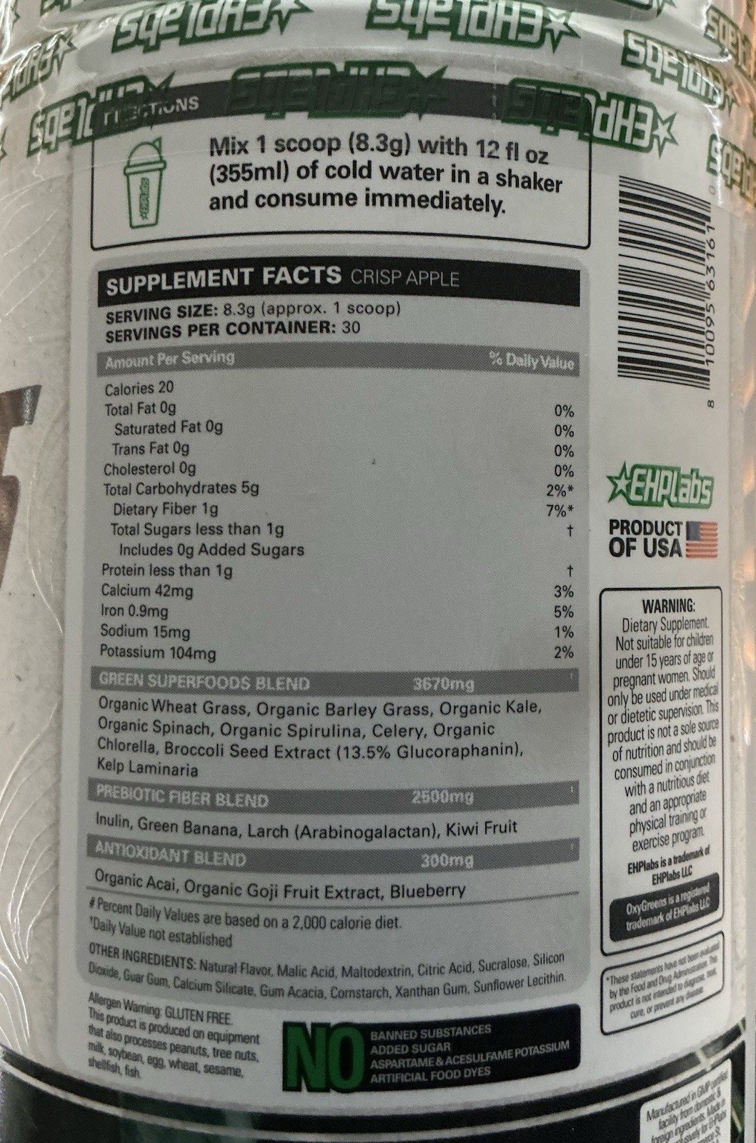 TWIN-PAK. EHP LABS Oxygreens Crispy Apple 249G Exp 7/26