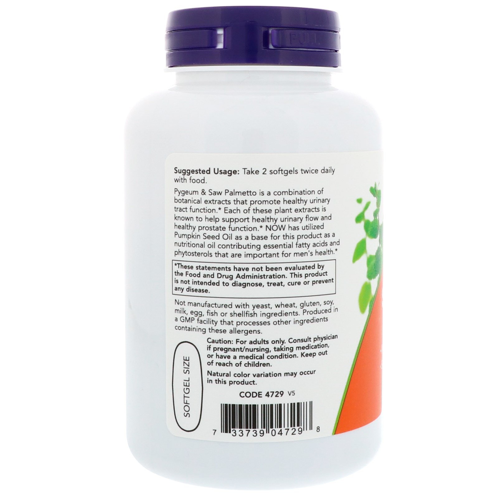 Now Foods Pygeum Saw Palmetto 120 Softgels GMP Quality Assured, Kosher