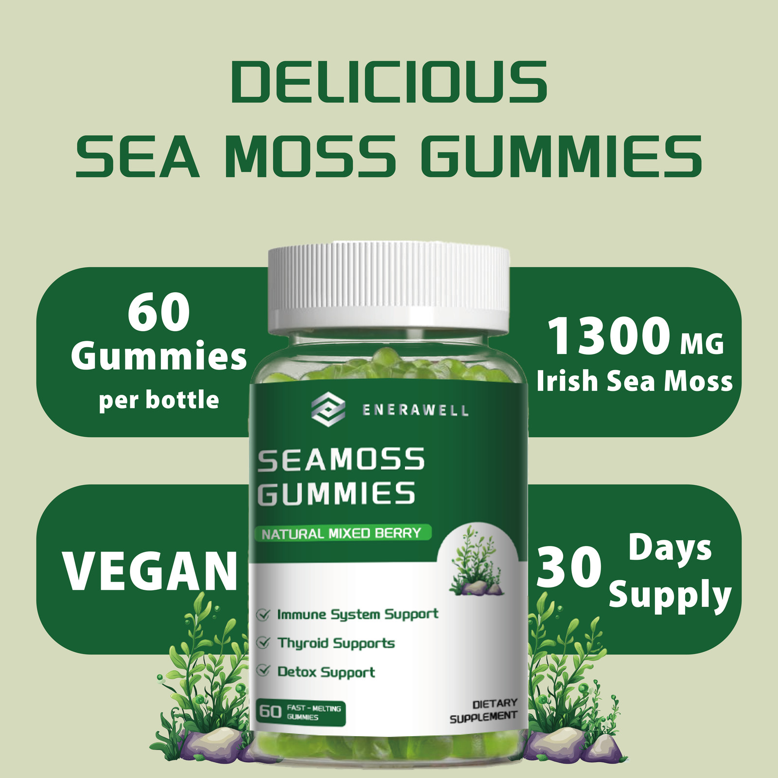 3x Sea Moss Gummies 1300mg-Irish sea Moss,Bladderwrack,Immune Support 02/07/2027