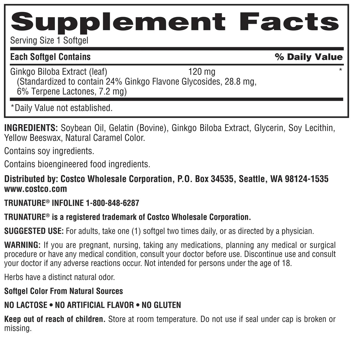 trunature Ginkgo Biloba, 340 Softgels Herbal Extract – FRESH STOCK – EXP 2027