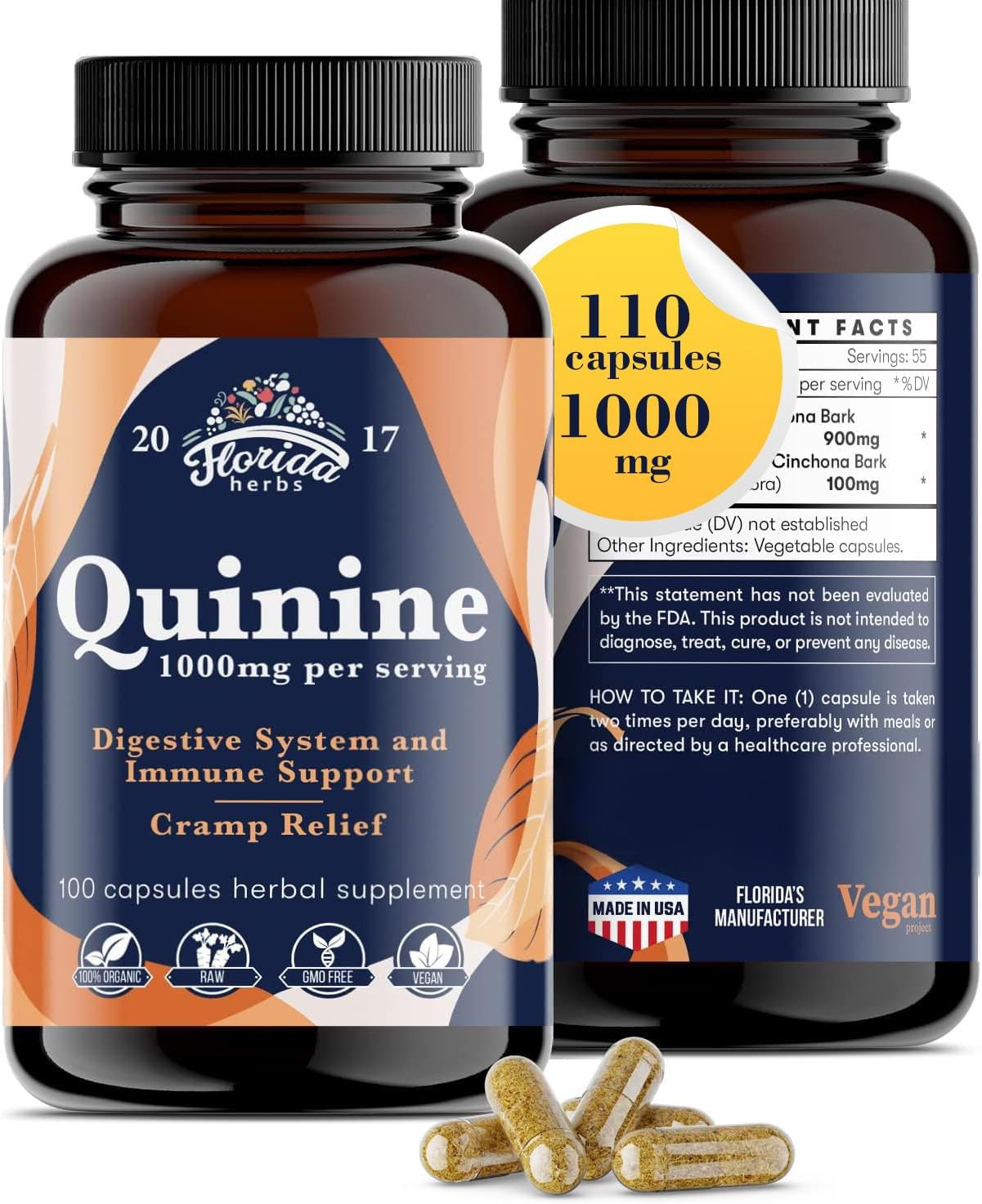 Quinine for Leg Cramps 1000 Mg – 110 Capsules – Cinchona Bark Extract Supplement