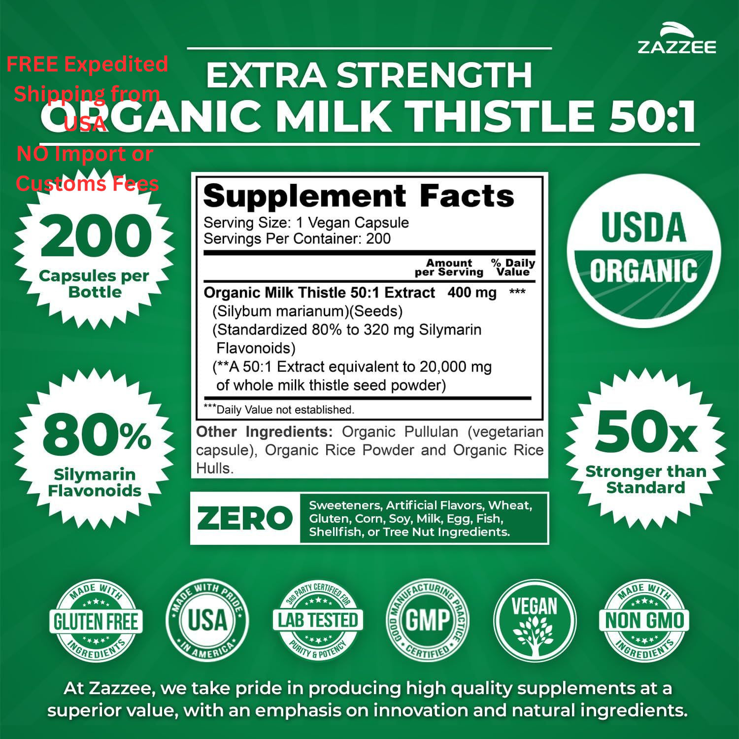 Zazzee USDA Organic Milk Thistle 50:1 Extract, 80% 200 Count (Pack of 1)