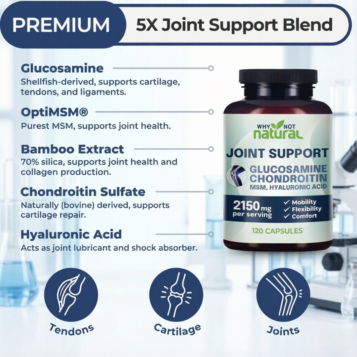 Why Not Natural 5-in-1 Joint Supplement Glucosamine Chondroitin MSM HA 120 Count