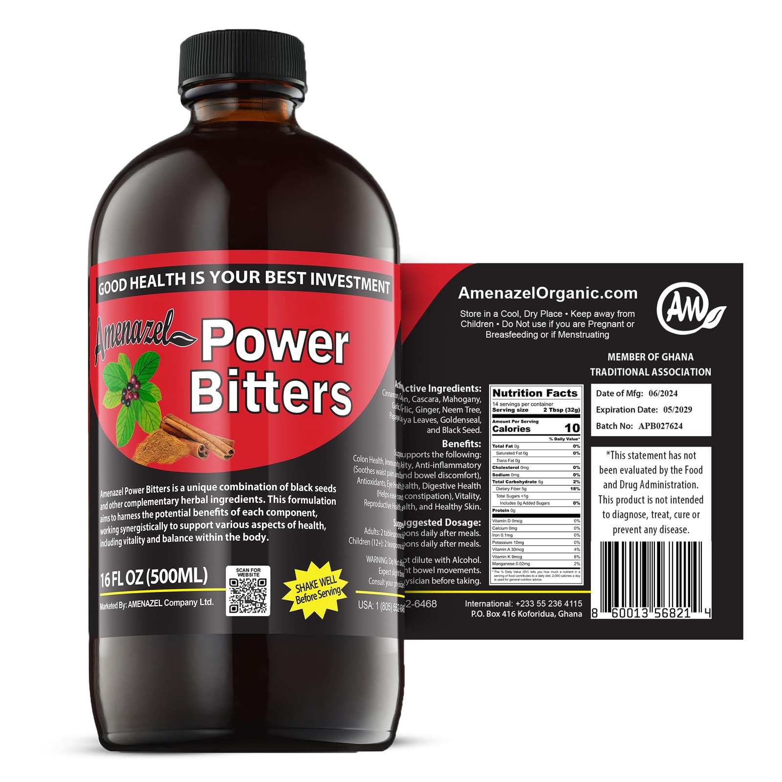 Amenazel Organic Power Bitters, 16 fl oz.