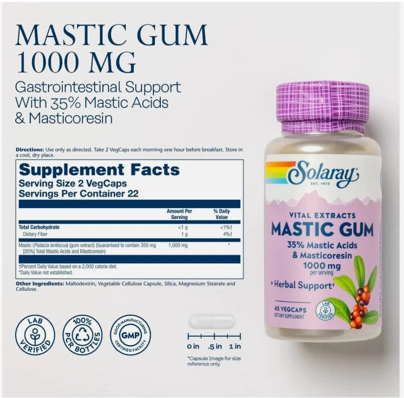 Solaray Mastic Gum Capsules 1000mg Digestive Health Support 45 Capsules