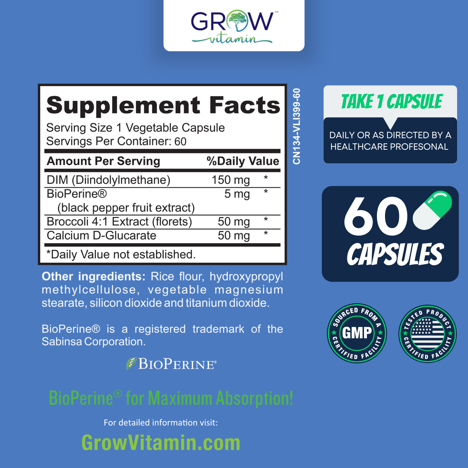 Grow Vitamin DIM (Diindolylmethane) 300mg, 60 Capsules with BioPerine