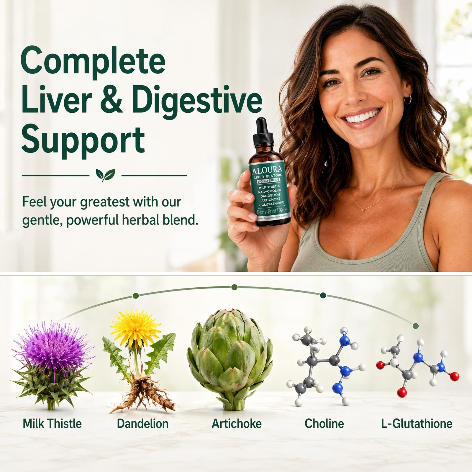 Aloura Liver Restore Liquid Drops Milk Thistle Dandelion Detox Support 60ml