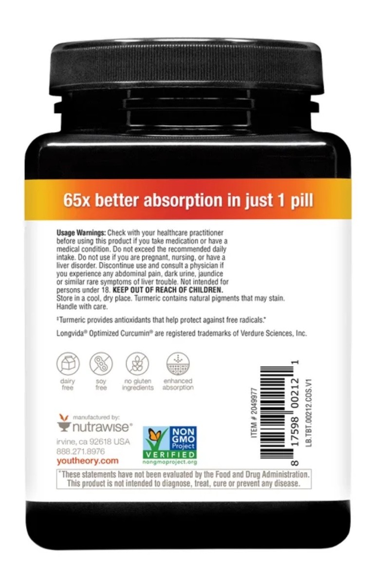 Youtheory Total Body Turmeric Longvida 400mg, 90 Veggie Capsules, EXP 04/2028